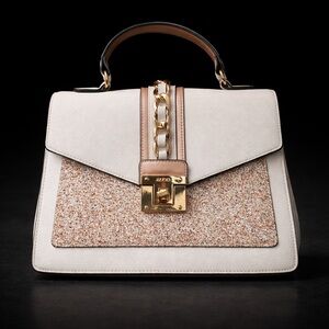 ALDO White Top Handle Bag Gold Chain Lock Glitter Panel